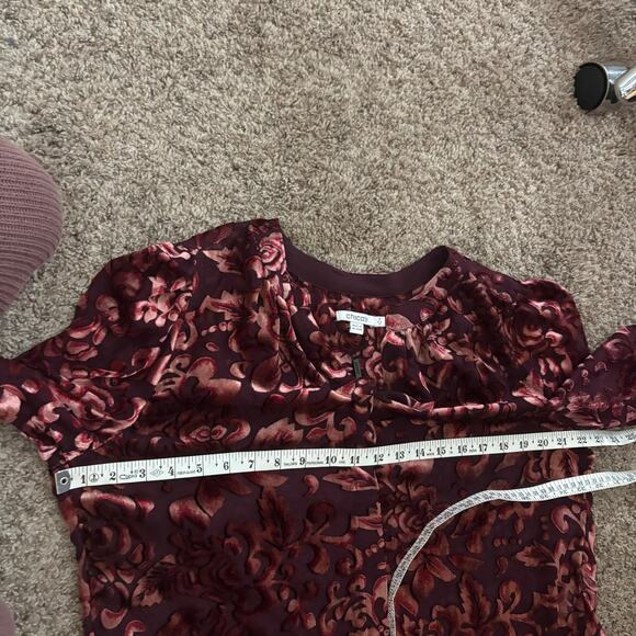 Chico’s Velvet Burnout Blouson Sleeve Button Up Blouse Top Sheer Sz L Relaxed - Picture 5 of 12